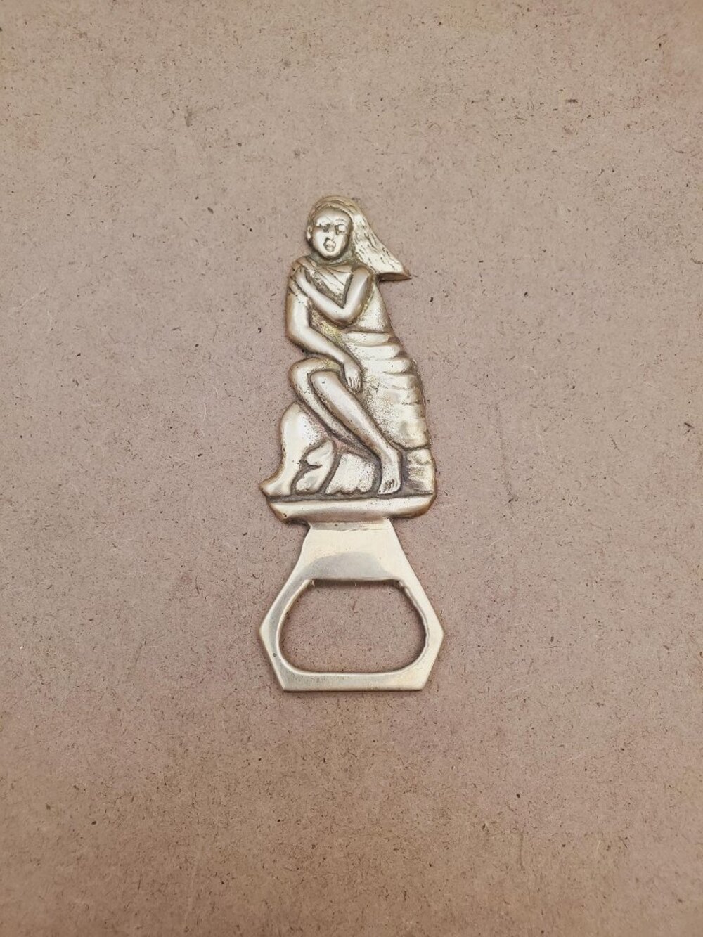 Vintage Brass Woman Bottle Opener | Solid Brass Bar Accessory with Patina